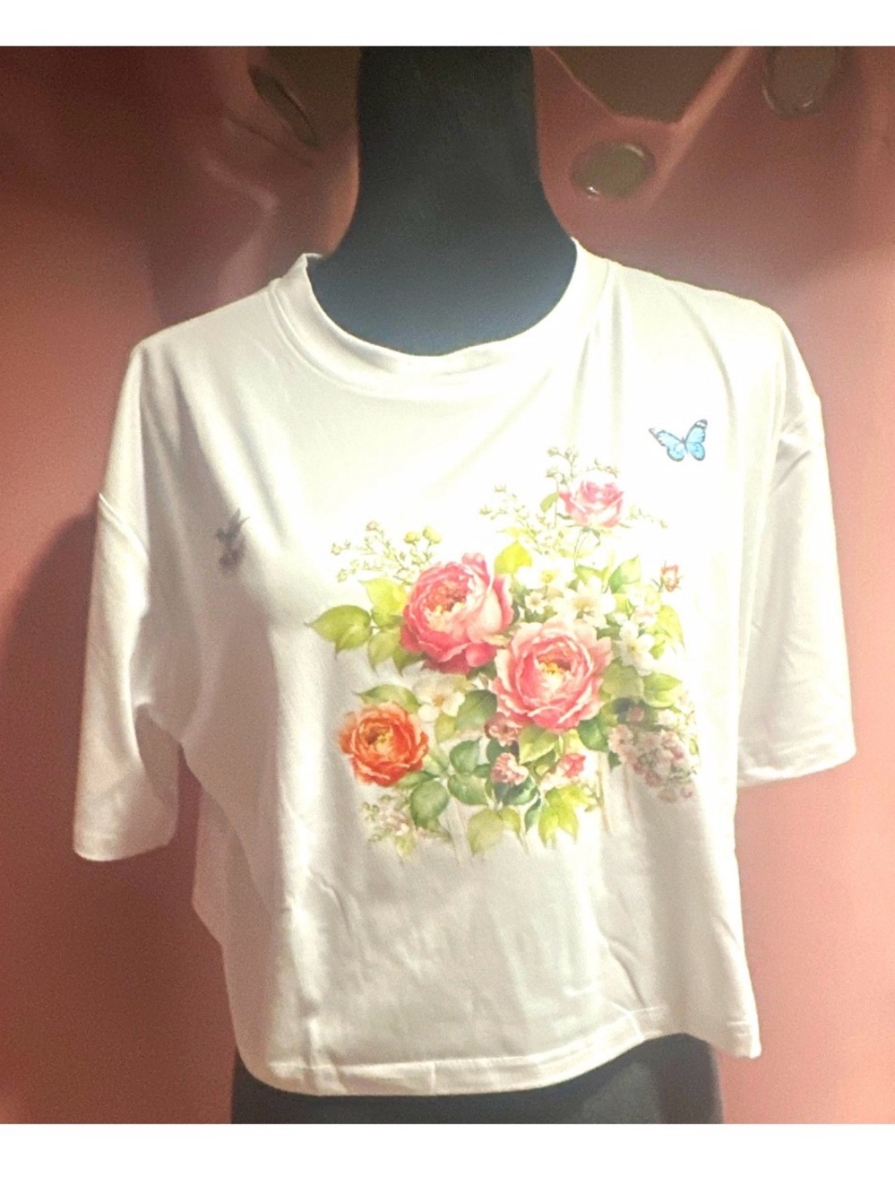 & Other Stories White Crop Top with Rose Bouquet Print